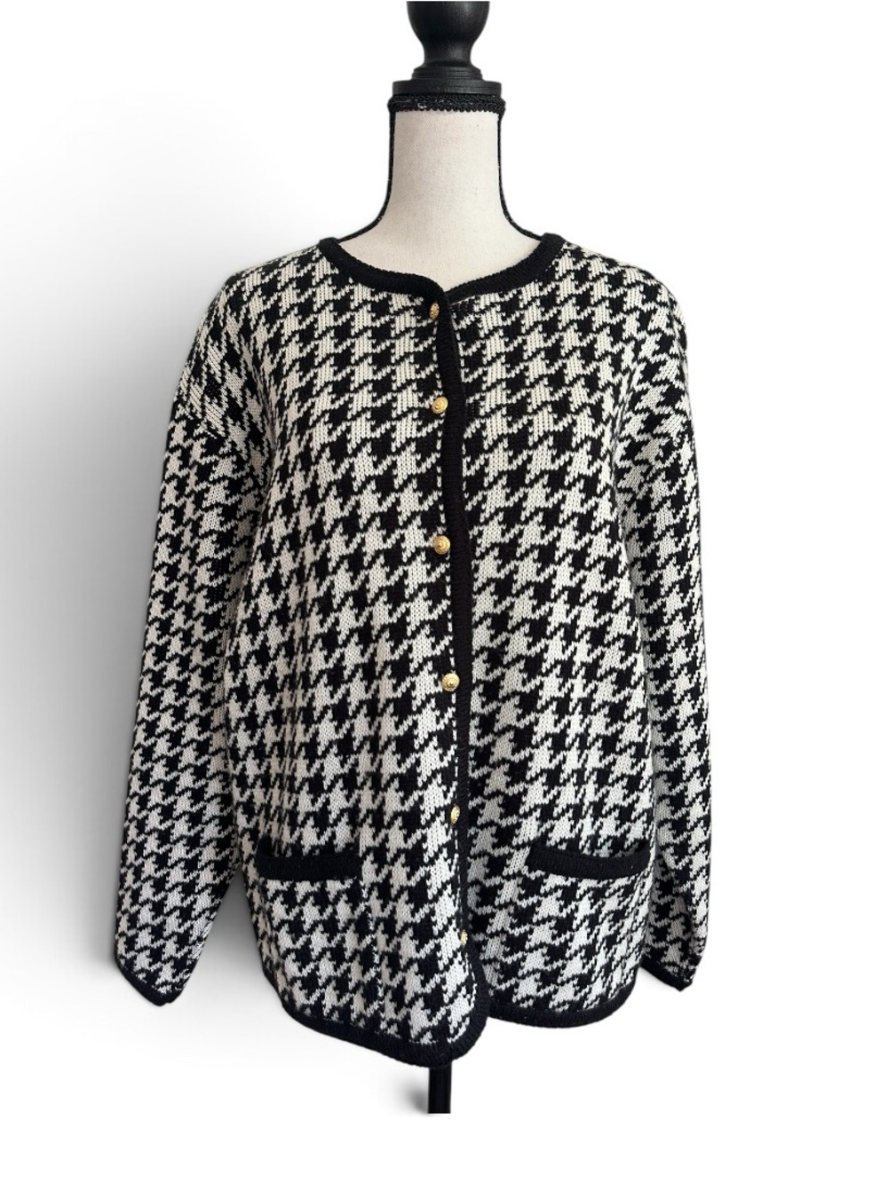 Crystal-Kobe Women’s Houndstooth Cardigan Sweater Jacket Size L